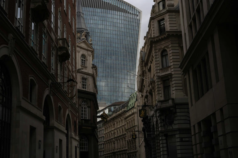 a view from between two buildings of a city