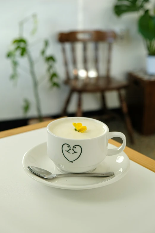 a white cup of soup on a saucer