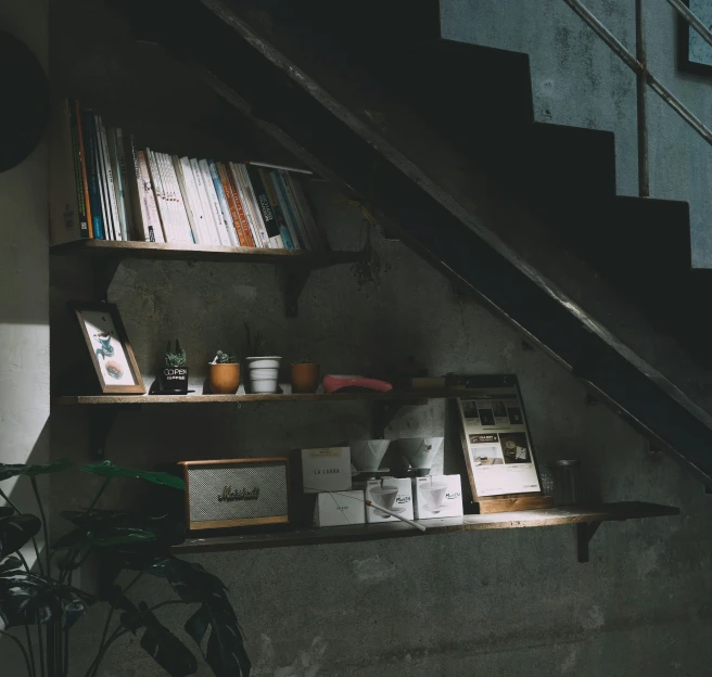 a book shelf with books and plants sits under a stair case