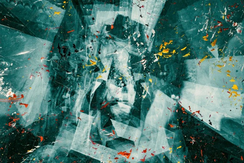 a painting depicting an image of an individual with yellow paint splatters on the glass