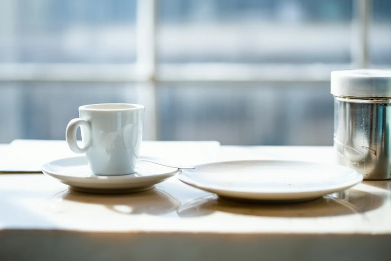 the plate, cup and saucer on the table