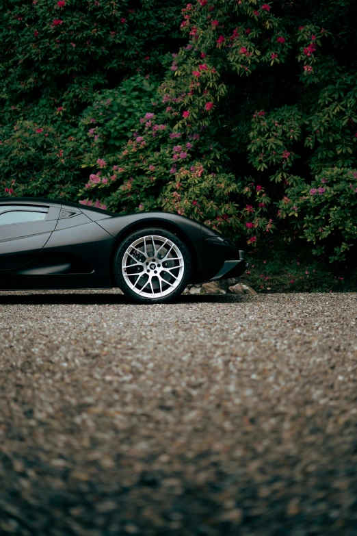 black sport car parked on gravel and bushbery