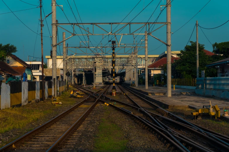 the view down a train track towards an old building