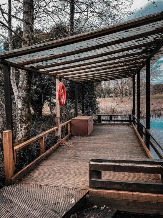 a covered dock is set up for fishing