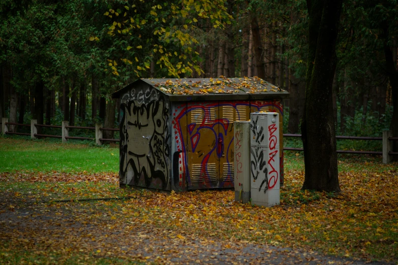 a wooden outhouse with graffiti all over it
