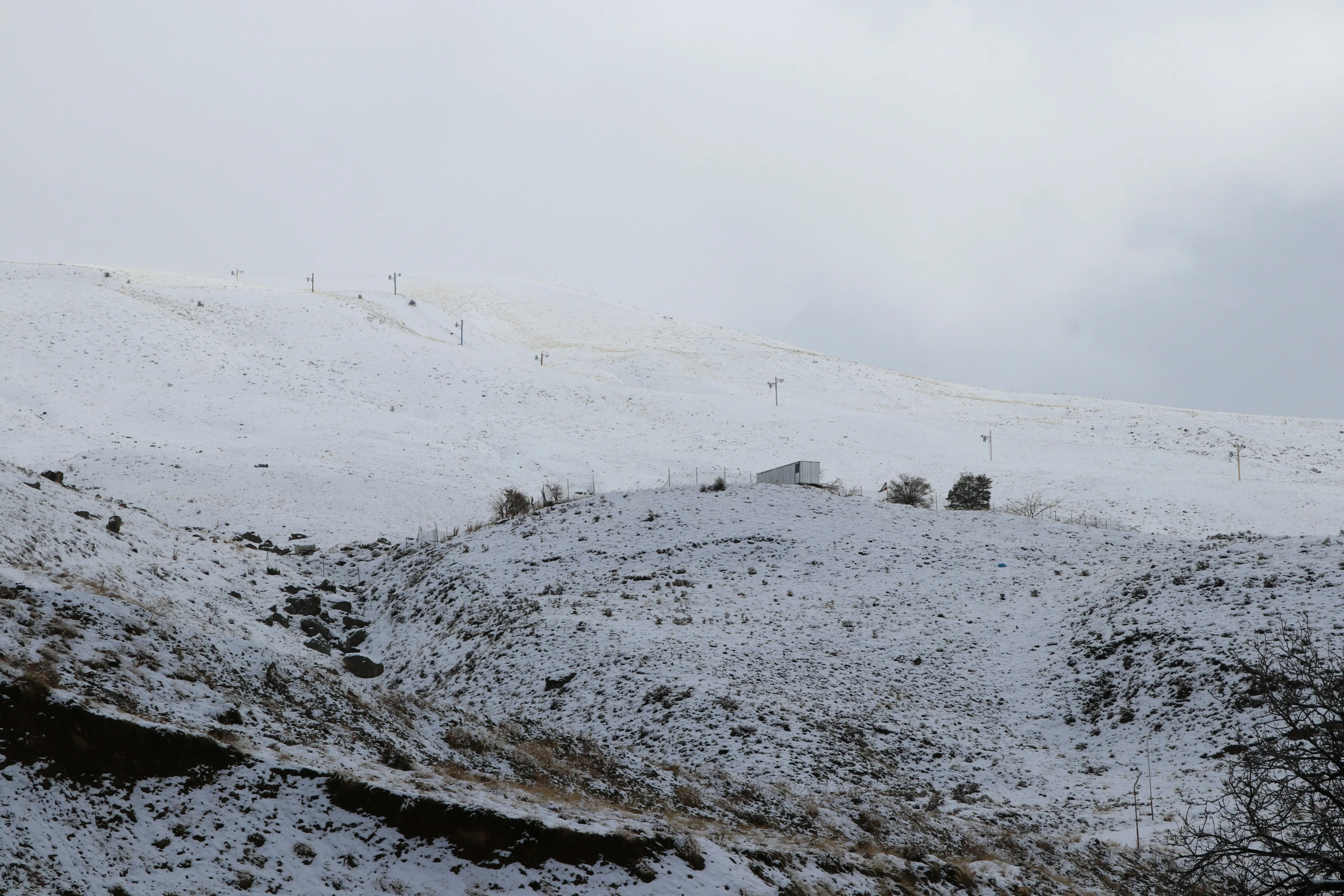 the white snow is covering the hills with trees