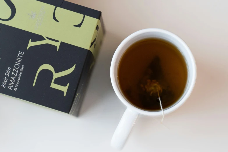 tea in a cup with an open box