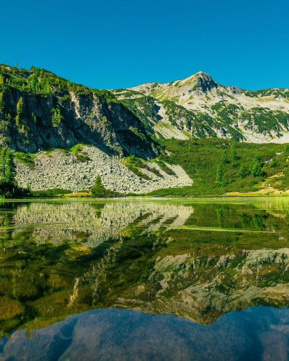 a mountain range is surrounded by trees in front of water