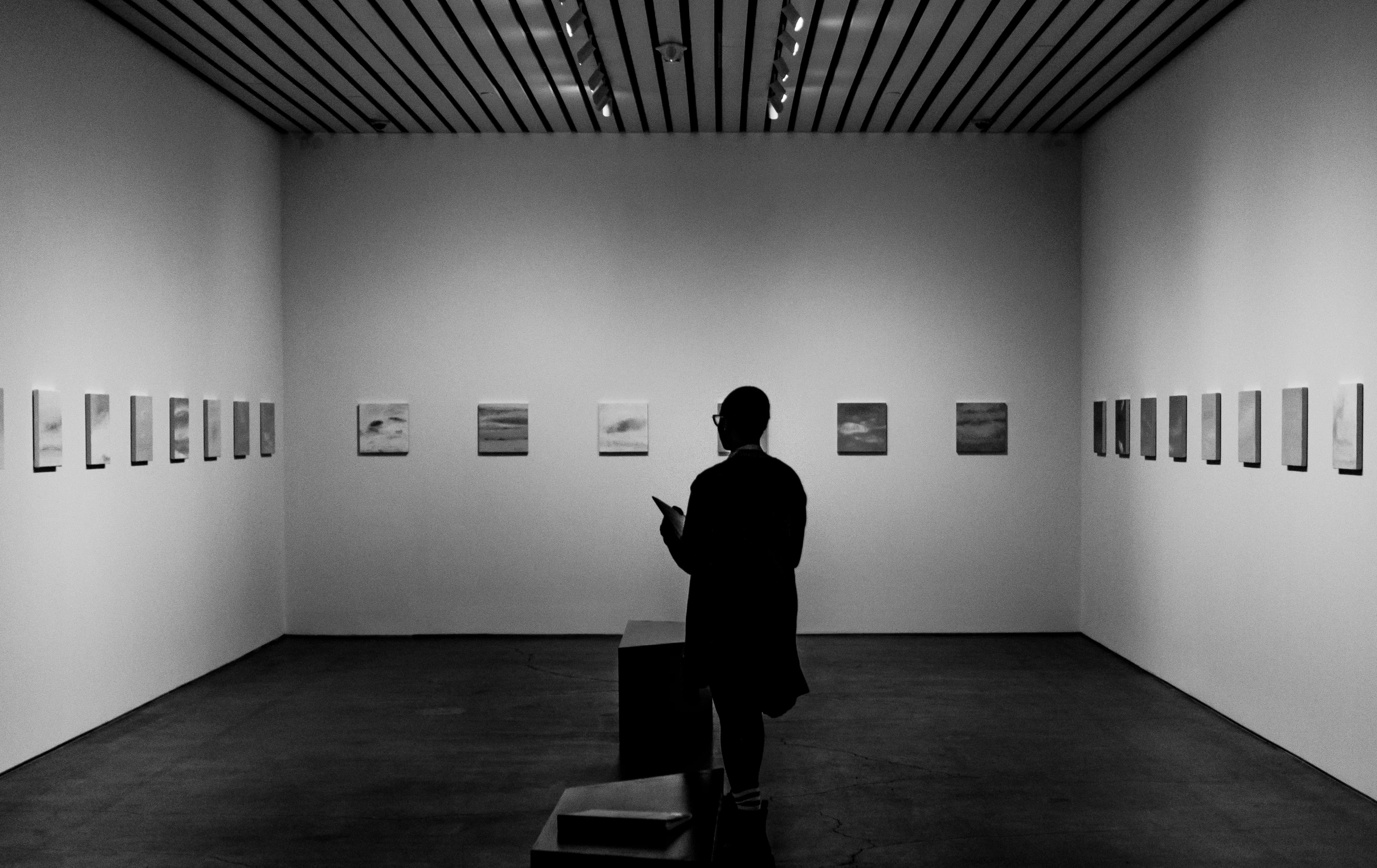 person standing on step looking at artwork in black and white