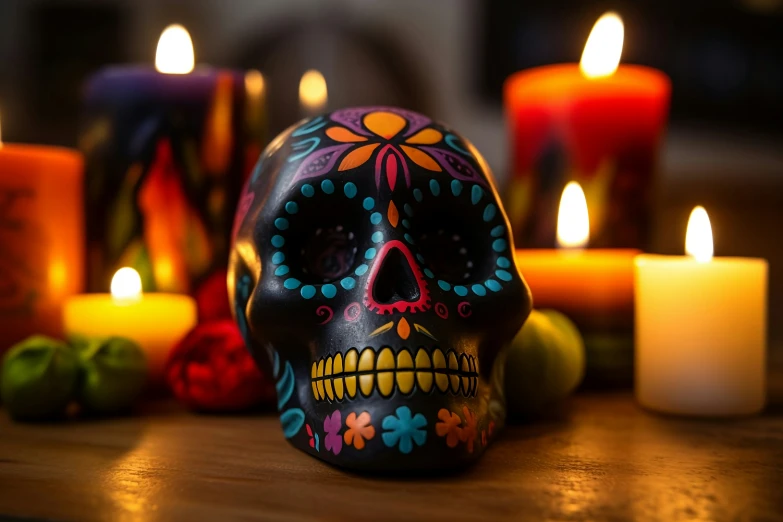the colorful skull statue is next to candles