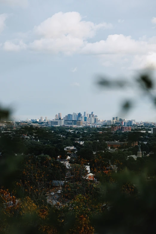 the view of a city from an area that has trees and buildings on either side