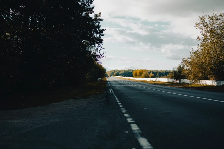 a po of an empty road surrounded by trees