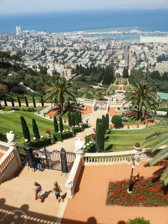 some people are looking out over a hill and a park