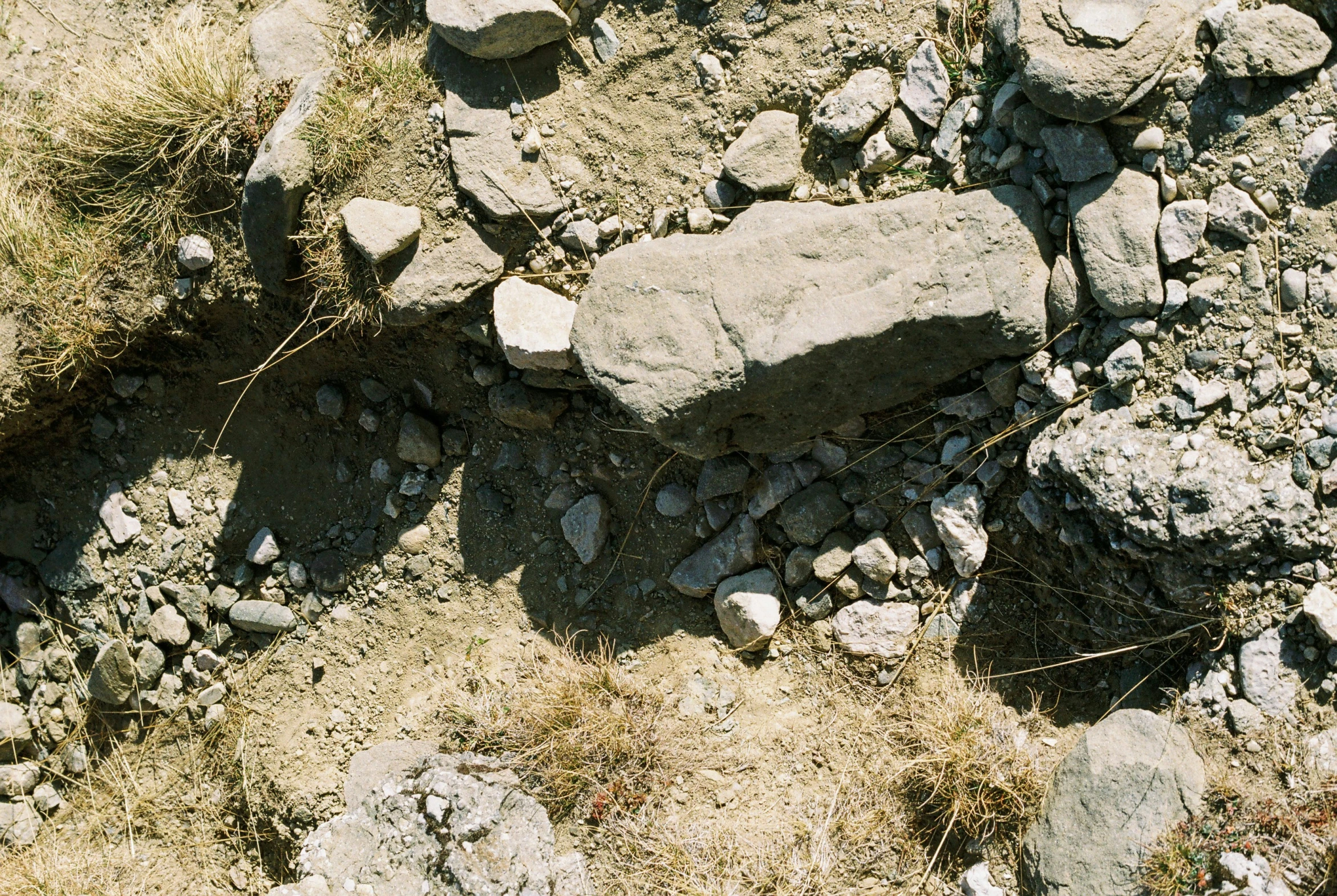 the rocks are sitting on the dirt