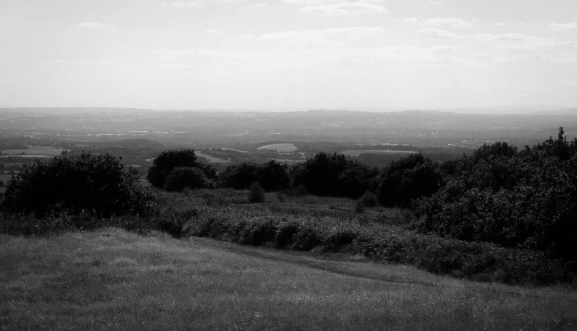 a distant distant landscape shows mountains, trees and the moon