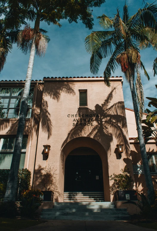 palm trees and an entrance to a multistory building