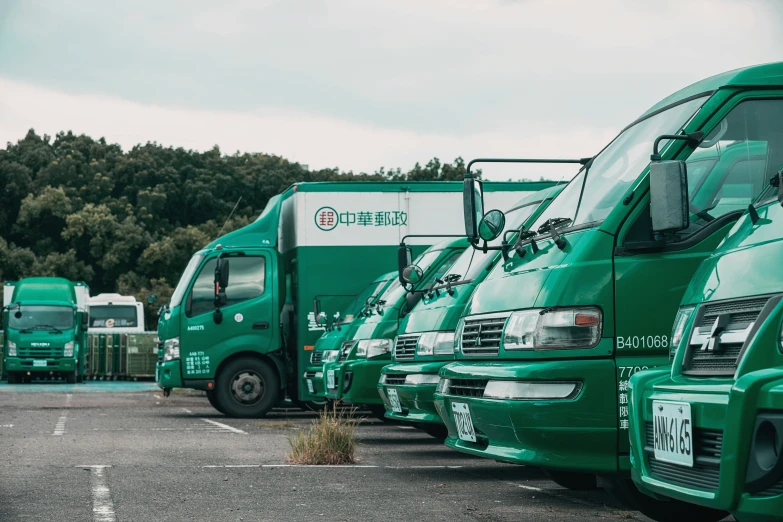 a line of green delivery trucks sit in a lot