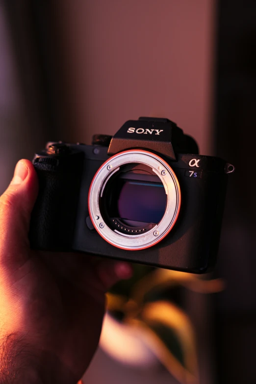 person holding up a compact camera in front of a mirror