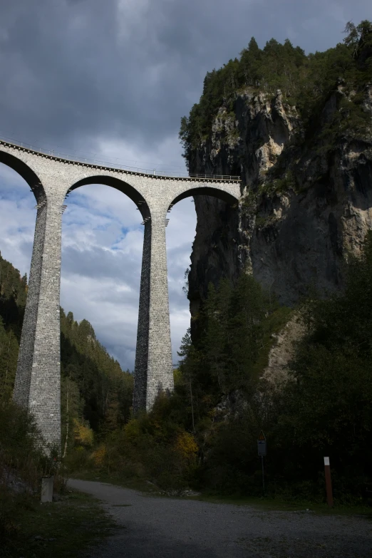 an old railroad bridge over the river in the mountains