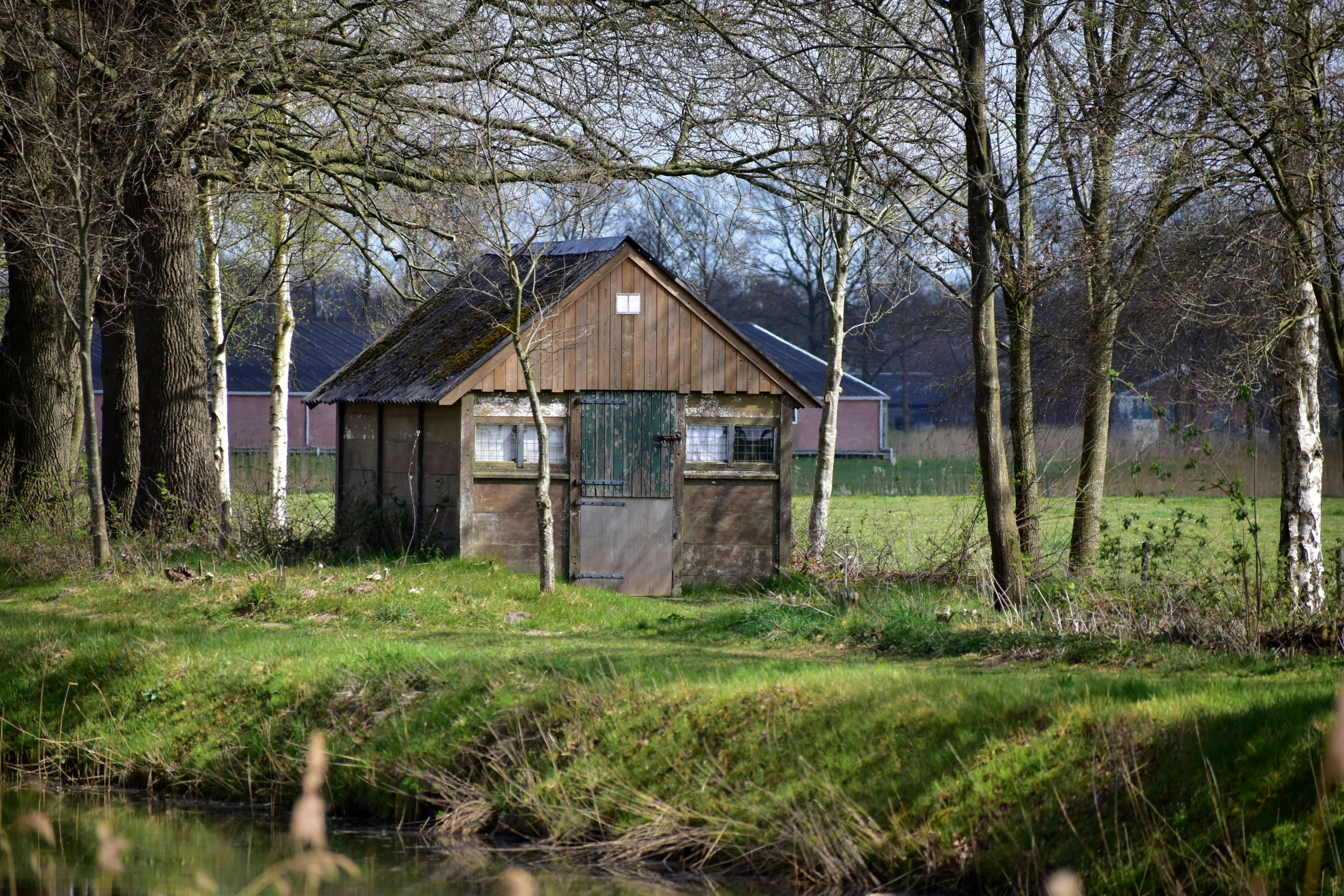 a rustic shed that is next to the water