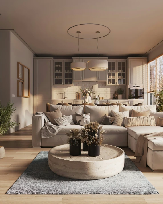 a large living room with white sofas and chairs