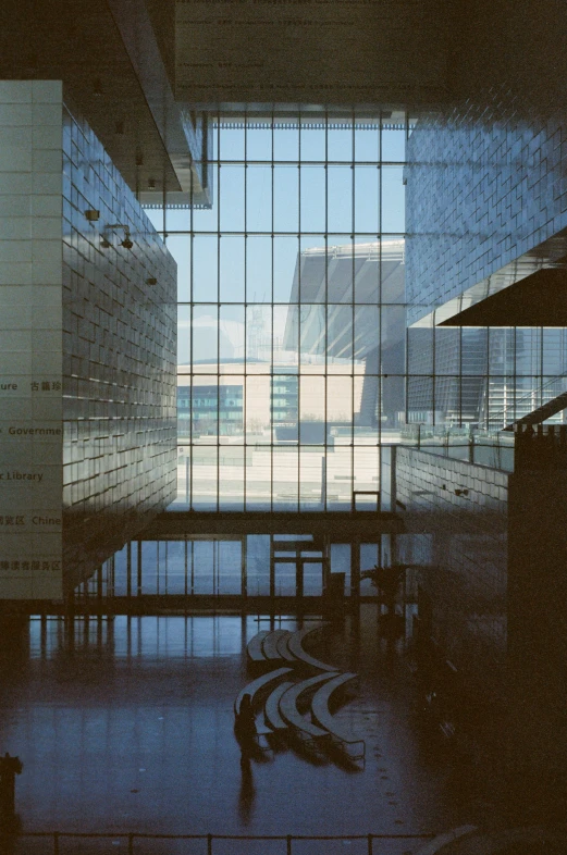 an interior view of the building with glass