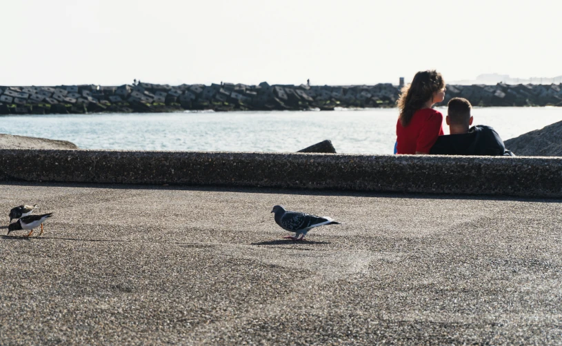 two people sitting next to each other near the water