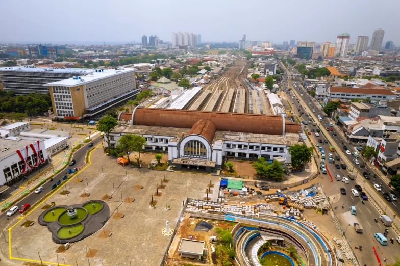 a city area with an old train station