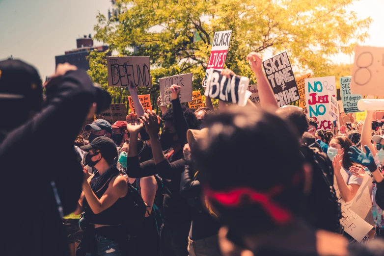 a crowd of people with protest signs in the street