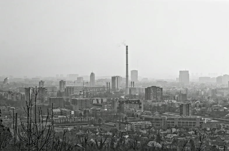 a view of the city in a black and white po