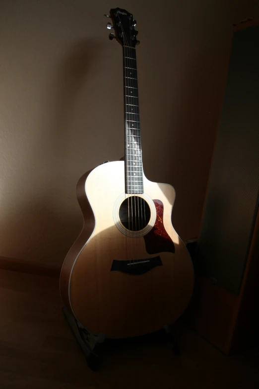 the guitar is resting in the dark room