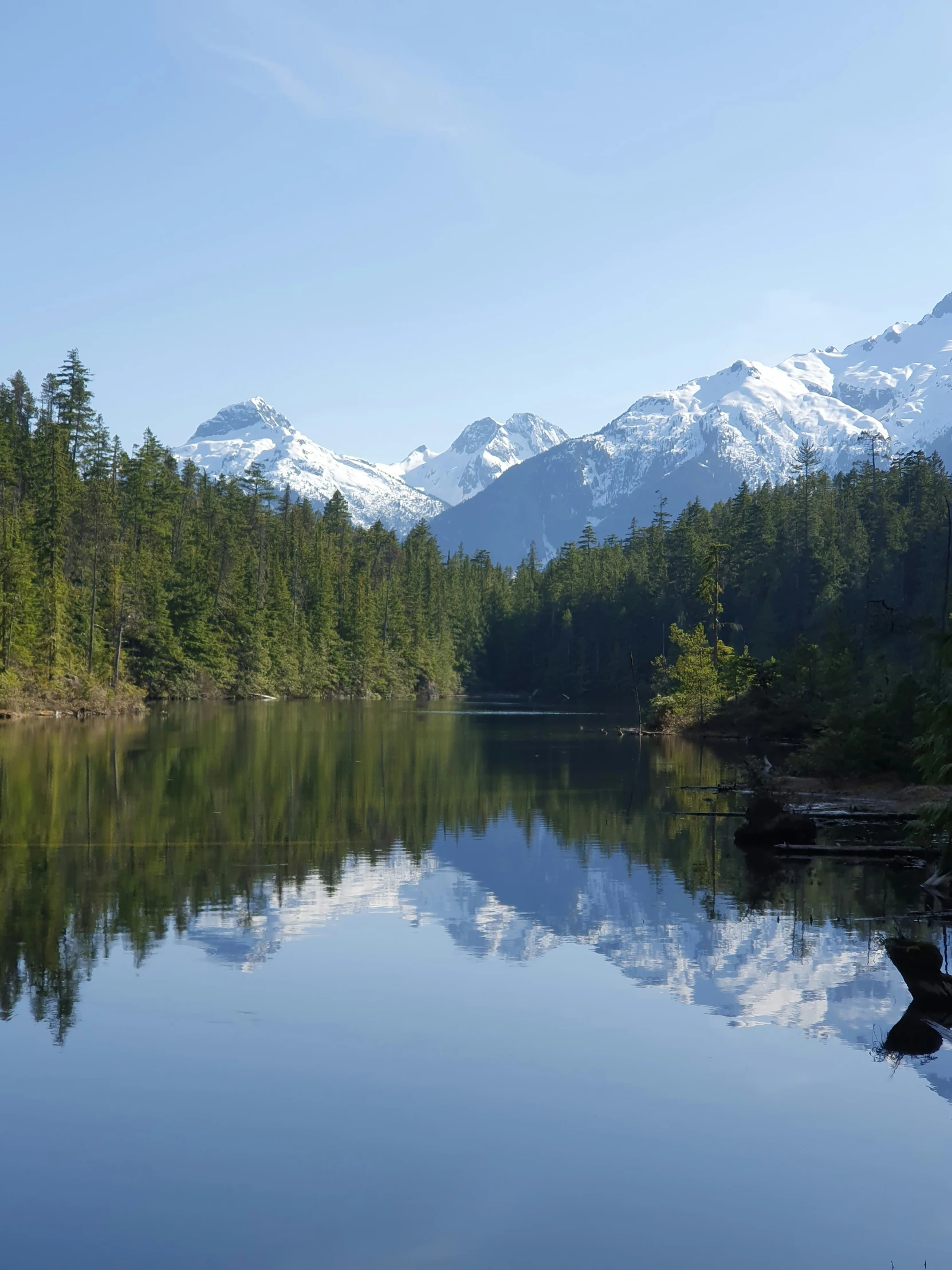 a lake surrounded by pine trees and mountains