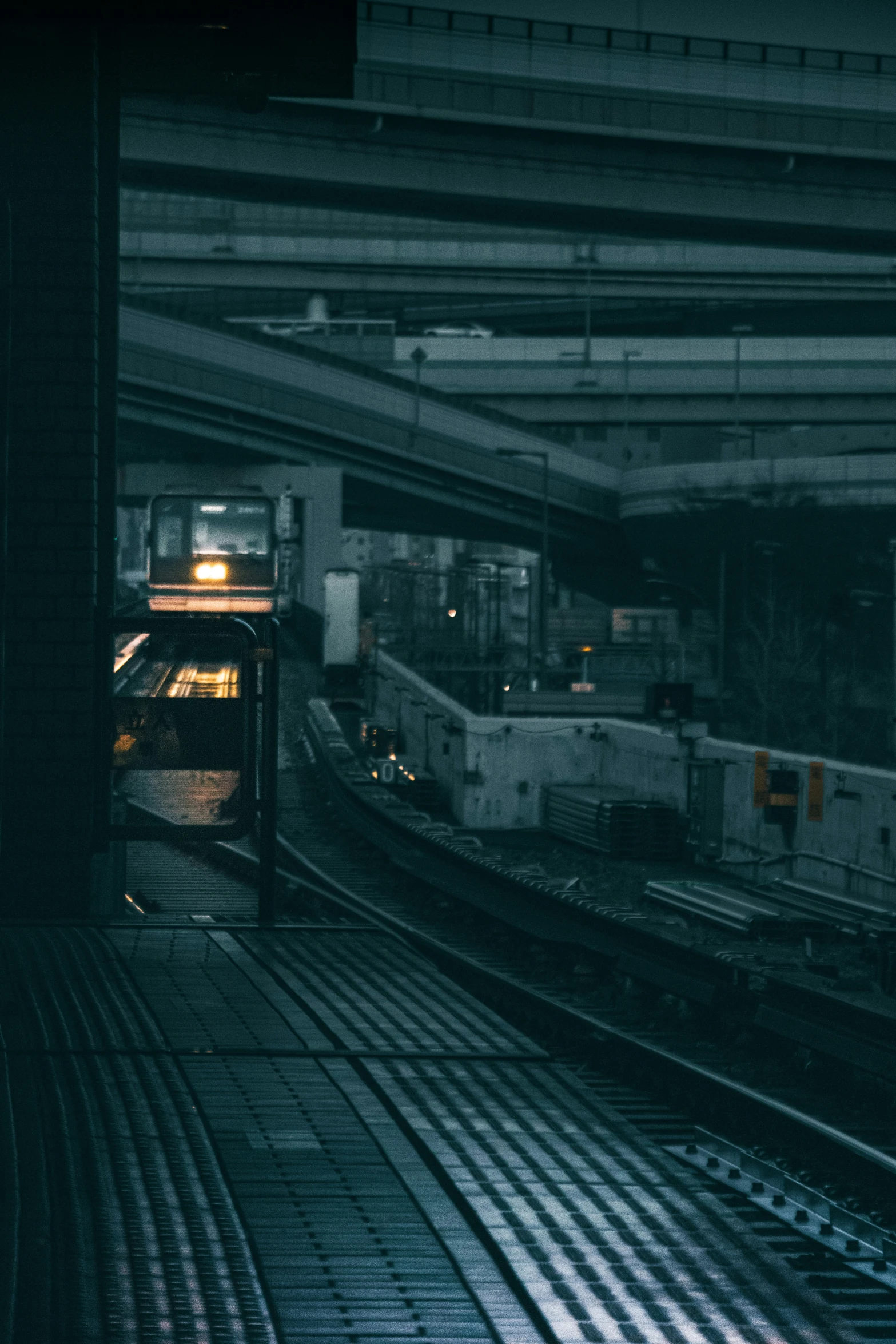 a dark, gloomy train station at night