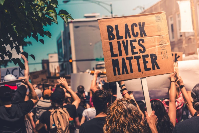 many people are protesting with signs and holding flags