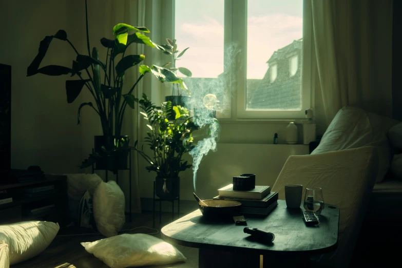 a living room scene with a plant in the corner