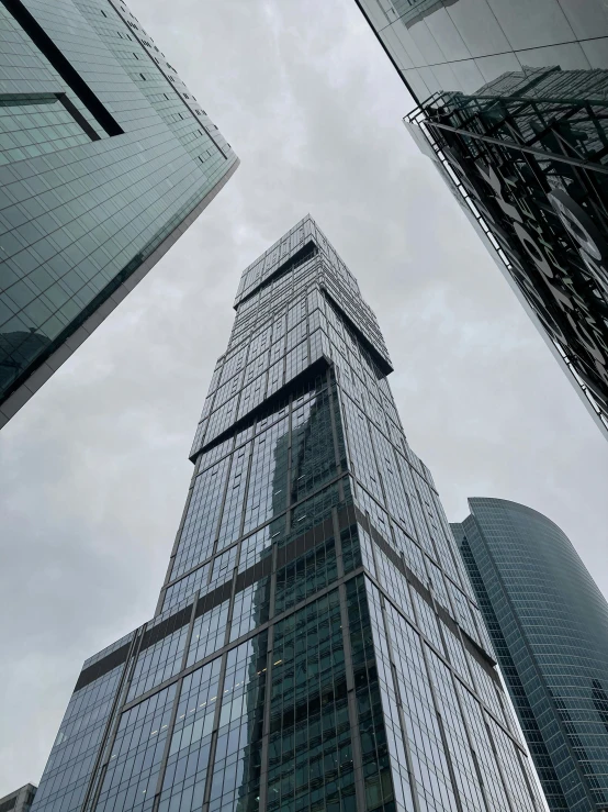 the large skyscr building has many glass windows