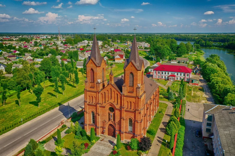 this is an aerial view of an old church