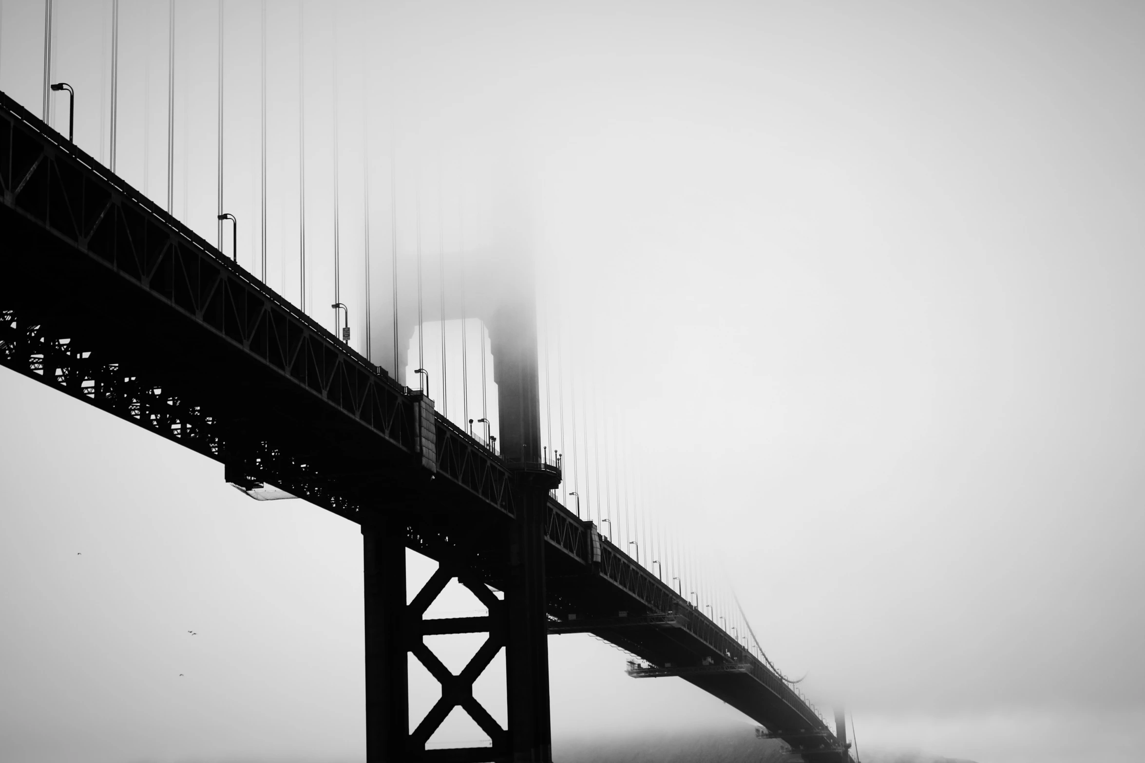 a bridge is surrounded by fog in a black and white po