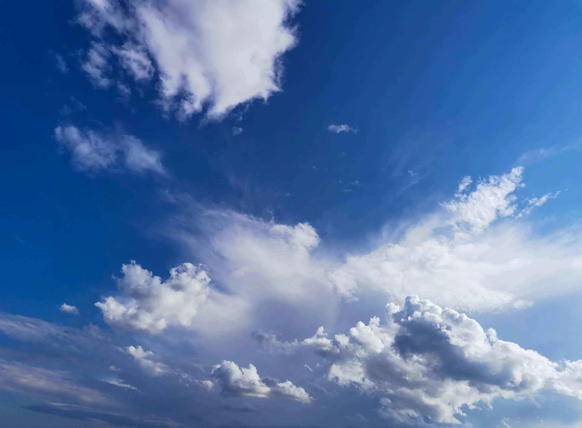 a person is on the beach flying an umbrella under a blue cloudy sky