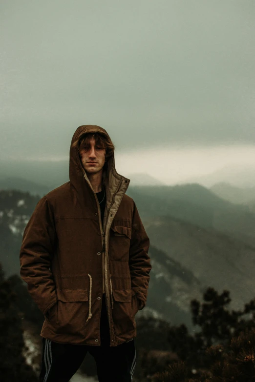 man in winter coat standing on top of a mountain