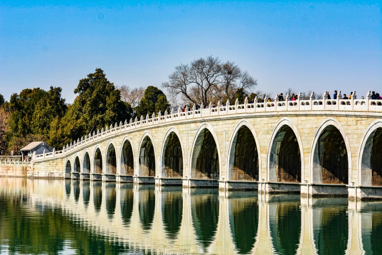 people walk on the bridge over the water