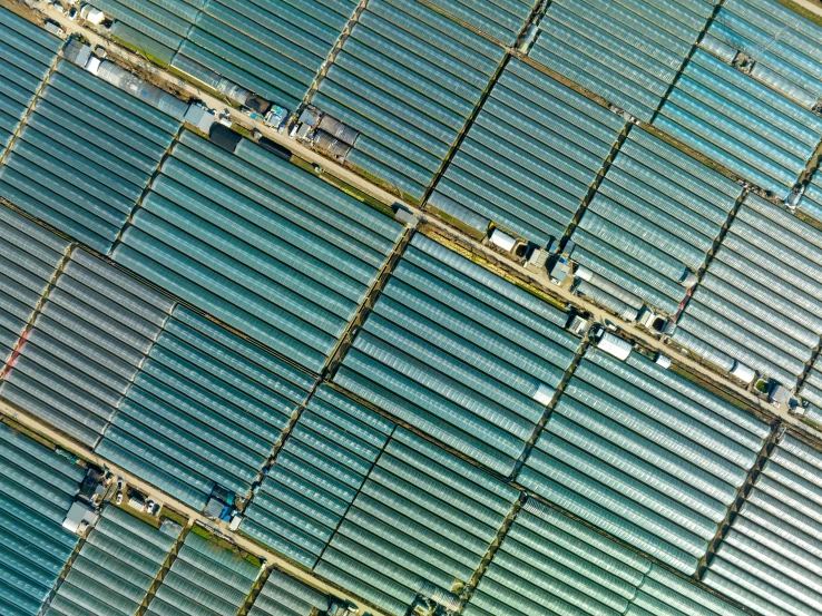 an aerial view of rows of solar panels