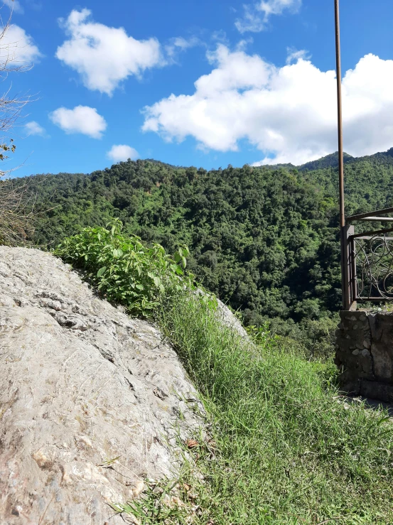 the top of the mountain has green vegetation growing