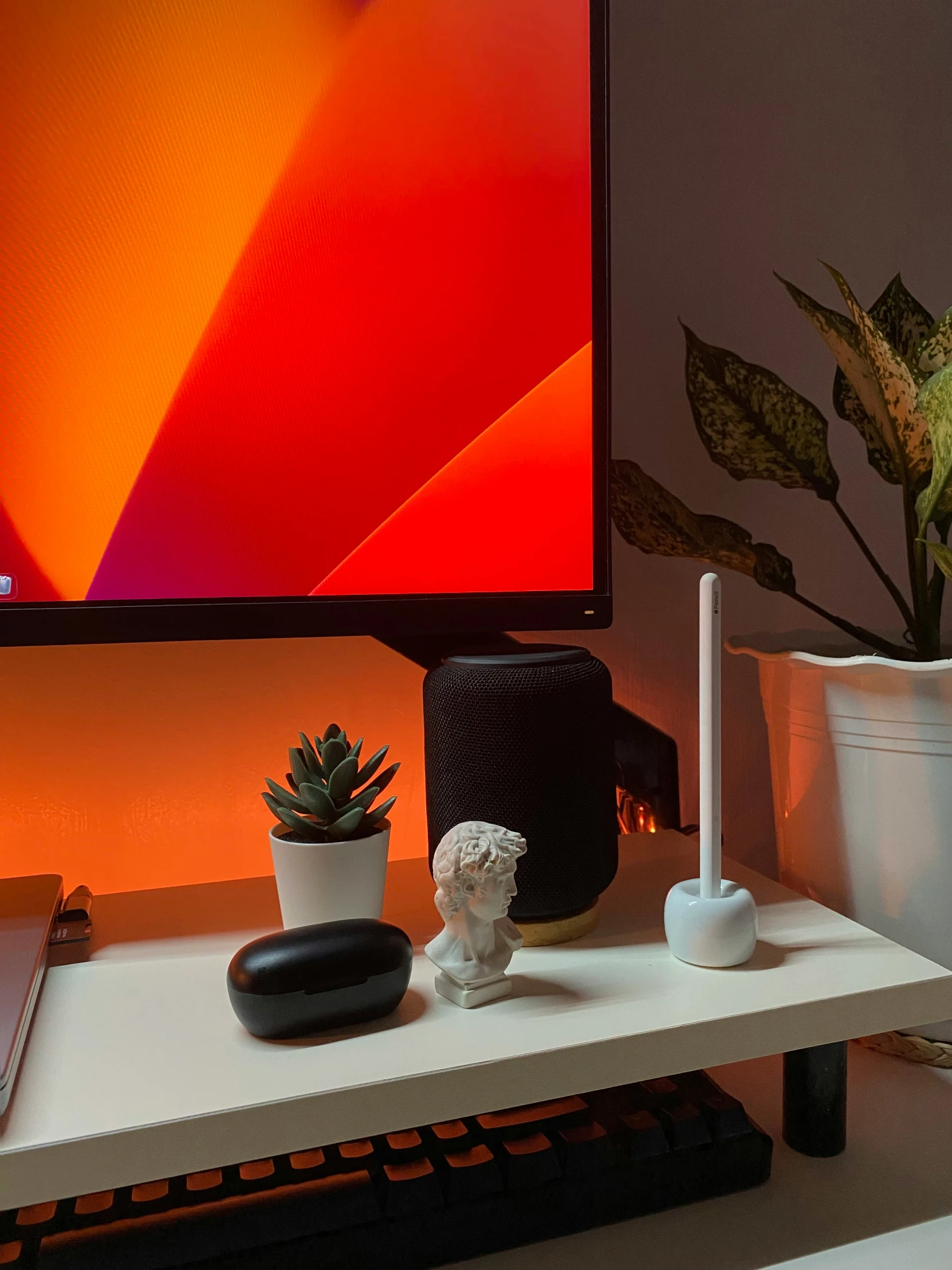 a desk with plant and a tv on it