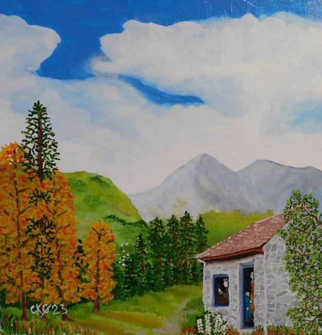 a painting of a rural house by mountains