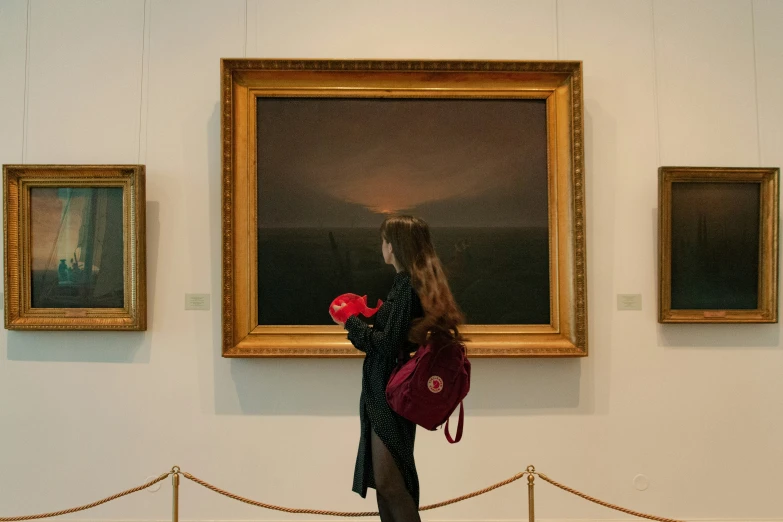 a person is looking at paintings in a museum