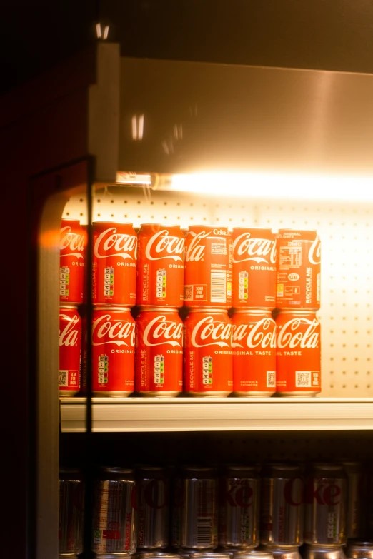 cans of coca - cola sit on a shelf behind a fridge