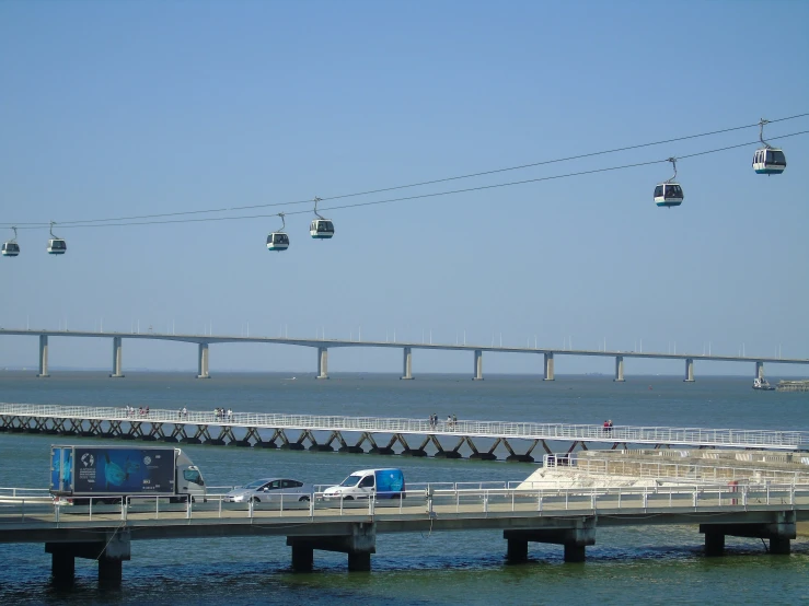 two overhead overhead passenger lift cars on the water