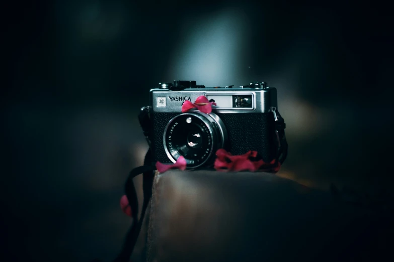 an old camera sitting on a table with flowers