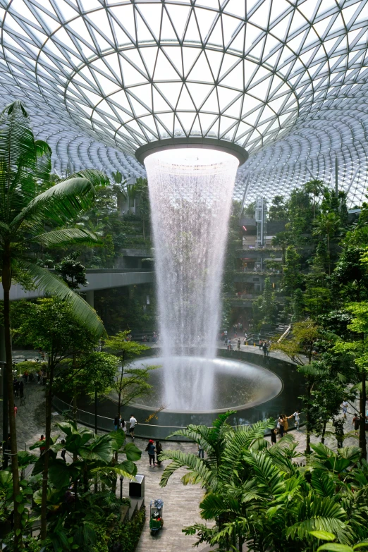 inside the building, a giant water feature and walkway